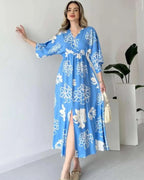 Pimu Front Slit Midi Dresses V-neck Designs For Women Party Wear - Blue | Grocsy
