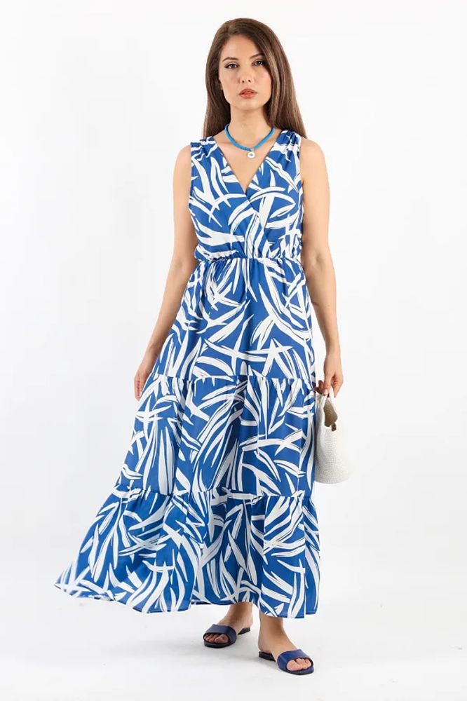 Pimu Viscose Patterned Summer Dress - Elastic Waist, V-Neck - Blue | Grocsy