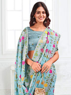 Anaita Blue Linen Printed Saree With Blouse | Grocsy