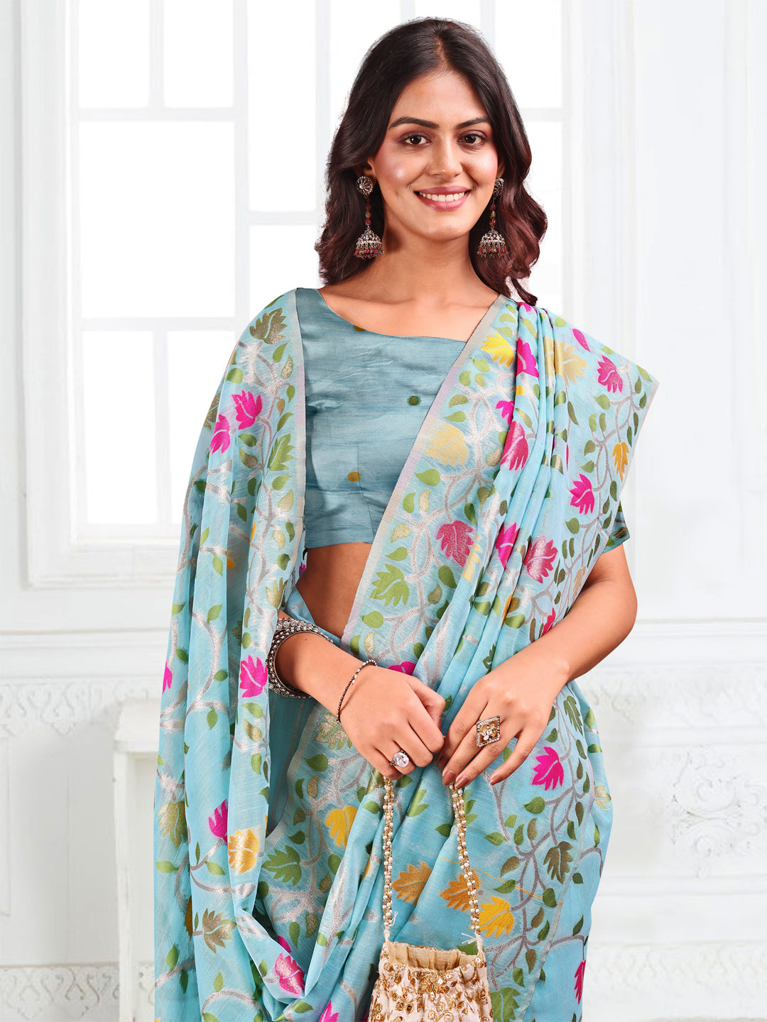 Anaita Blue Linen Printed Saree With Blouse | Grocsy