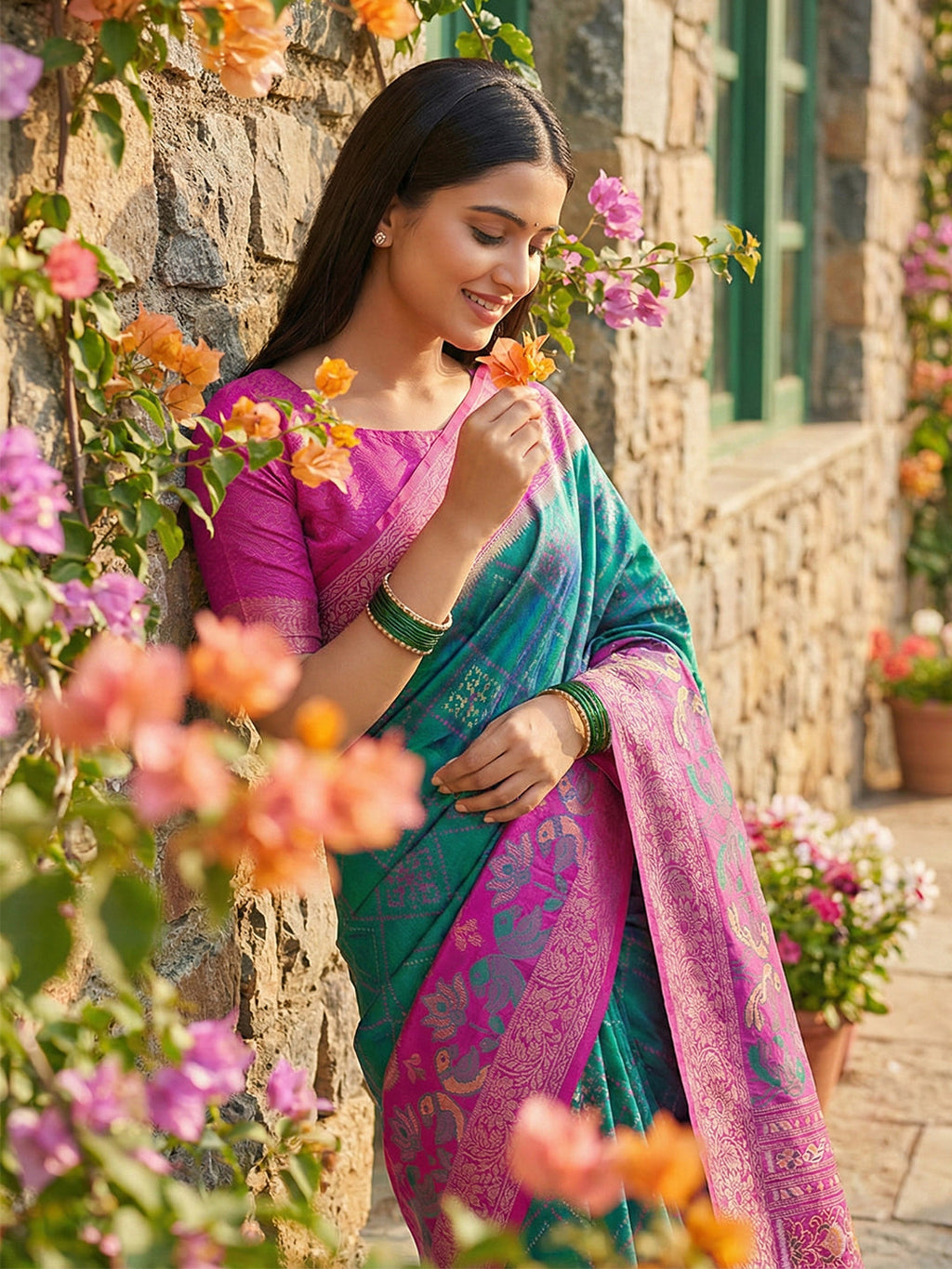 Anaita Blue Pochampally Printed Saree With Blouse | Grocsy