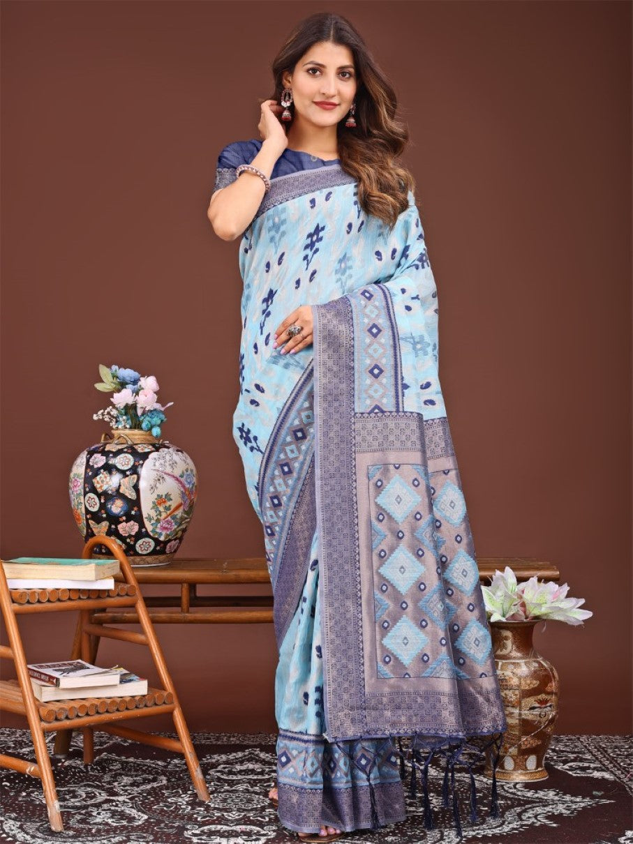 Anaita Blue Banarasi Silk Saree With Blouse | Grocsy