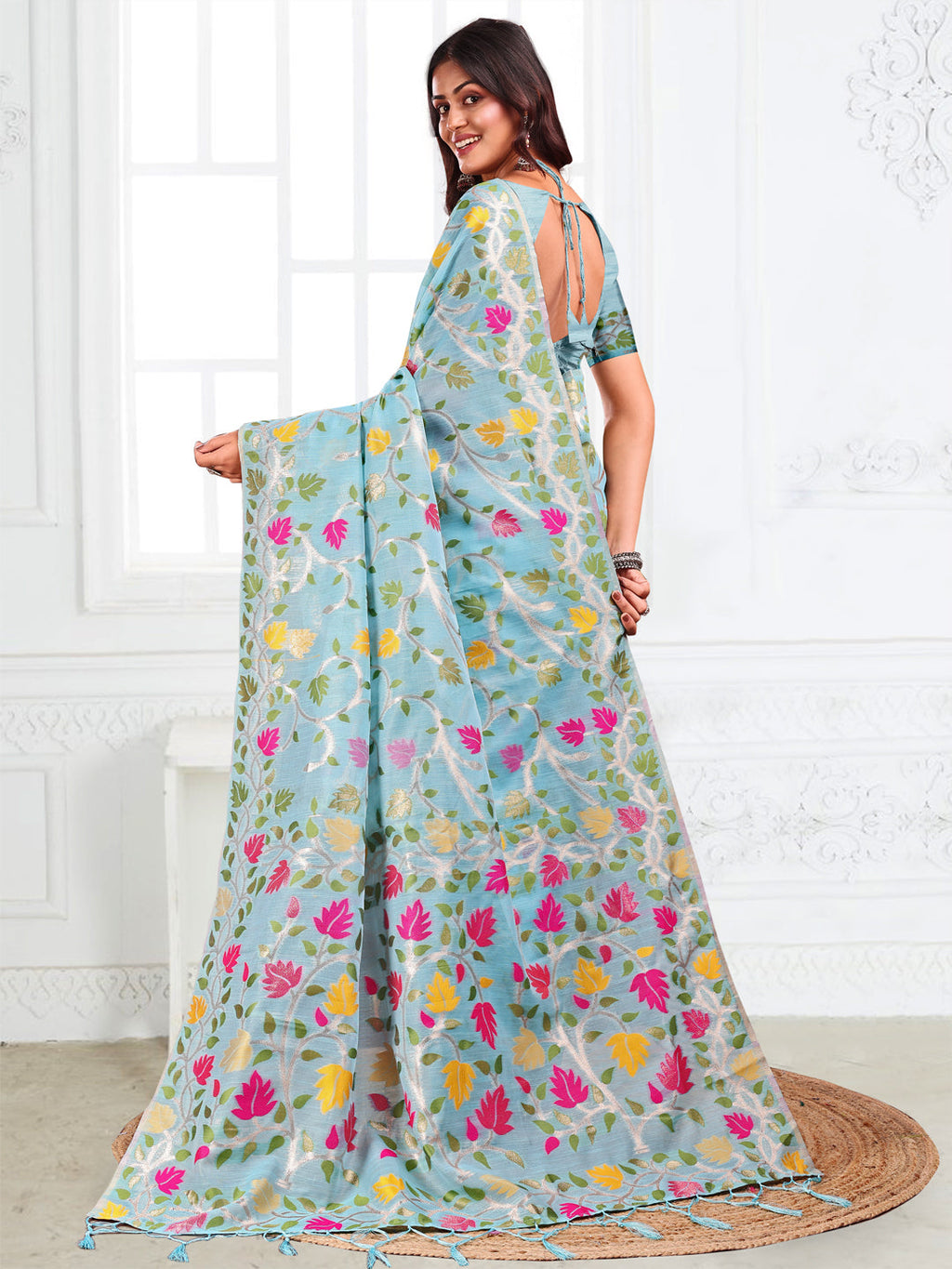 Anaita Blue Linen Printed Saree With Blouse | Grocsy