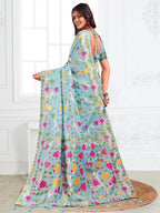Anaita Blue Linen Printed Saree With Blouse | Grocsy