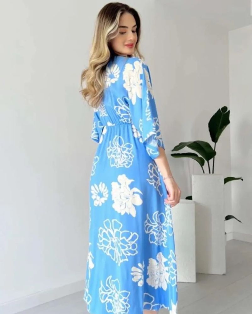 Pimu Front Slit Midi Dresses V-neck Designs For Women Party Wear - Blue | Grocsy