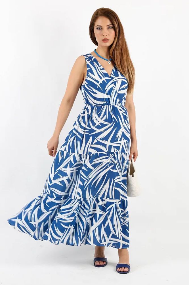 Pimu Viscose Patterned Summer Dress - Elastic Waist, V-Neck - Blue | Grocsy