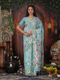 Anaita Blue Linen Printed Saree With Blouse | Grocsy