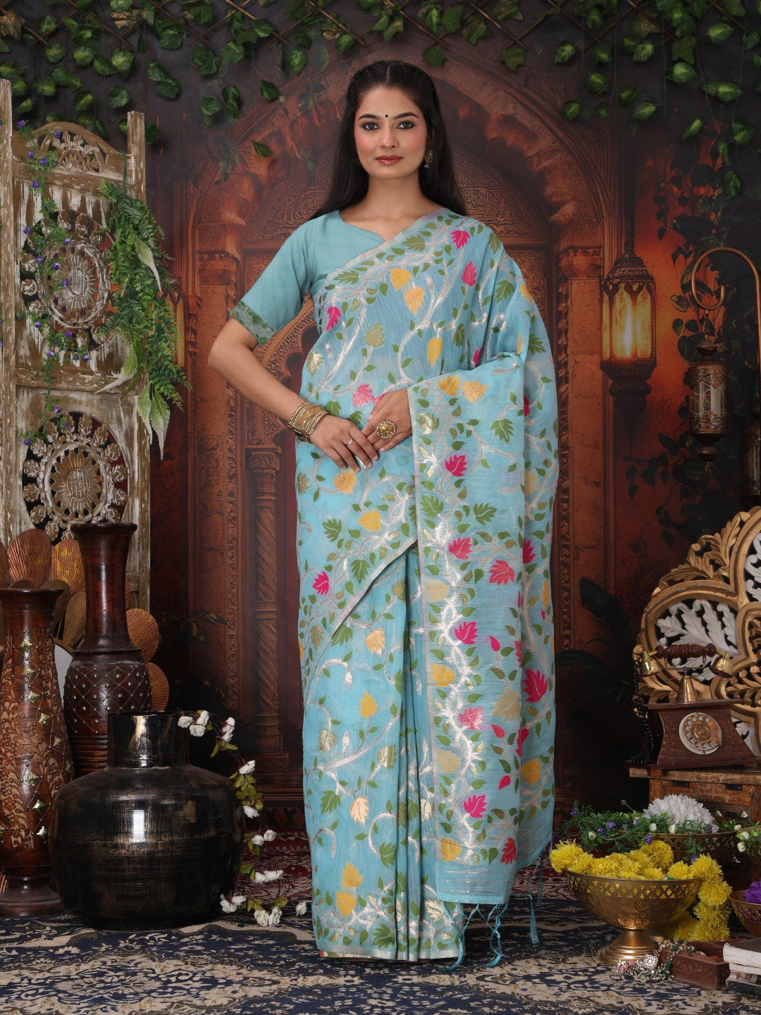Anaita Blue Linen Printed Saree With Blouse | Grocsy