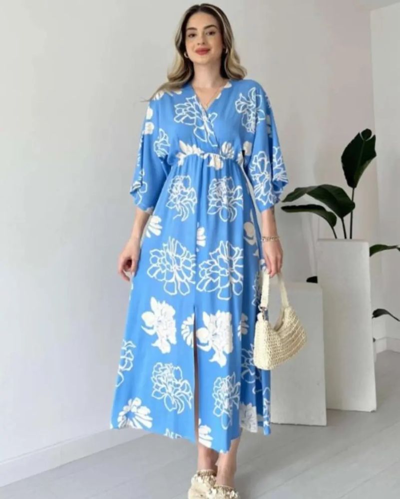 Pimu Front Slit Midi Dresses V-neck Designs For Women Party Wear - Blue | Grocsy