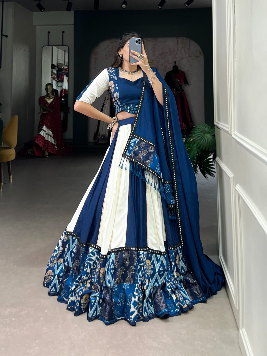 Lorenvalley Blue Pure Rayon with Plain And Printed With Paper Mirror Work Lace And Gota Patti Touch Up Lehenga Choli | Grocsy