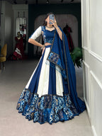 Lorenvalley Blue Pure Rayon with Plain And Printed With Paper Mirror Work Lace And Gota Patti Touch Up Lehenga Choli | Grocsy