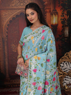 Anaita Blue Linen Printed Saree With Blouse | Grocsy