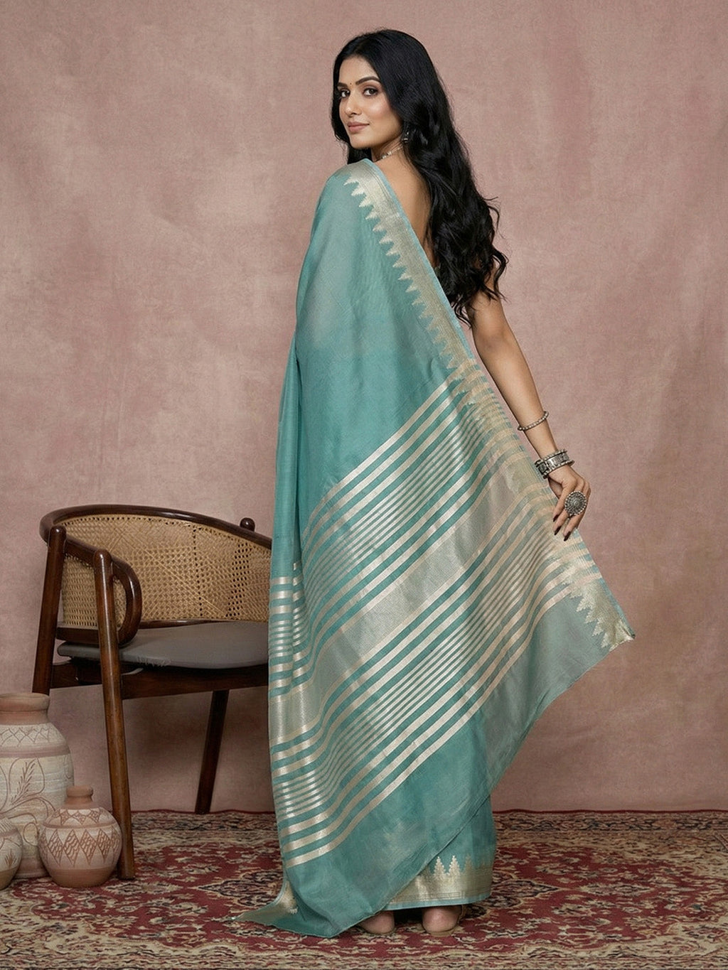 Anaita Blue Cotton Saree With Blouse | Grocsy