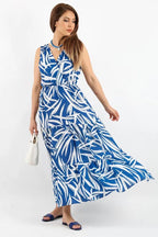 Pimu Viscose Patterned Summer Dress - Elastic Waist, V-Neck - Blue | Grocsy