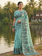 Anaita Blue Linen Printed Saree With Blouse | Grocsy