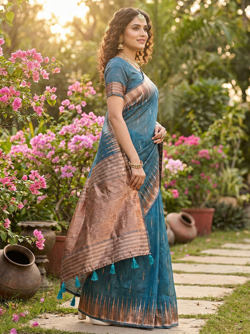 Anaita Blue Linen Woven Work Saree With Blouse | Grocsy