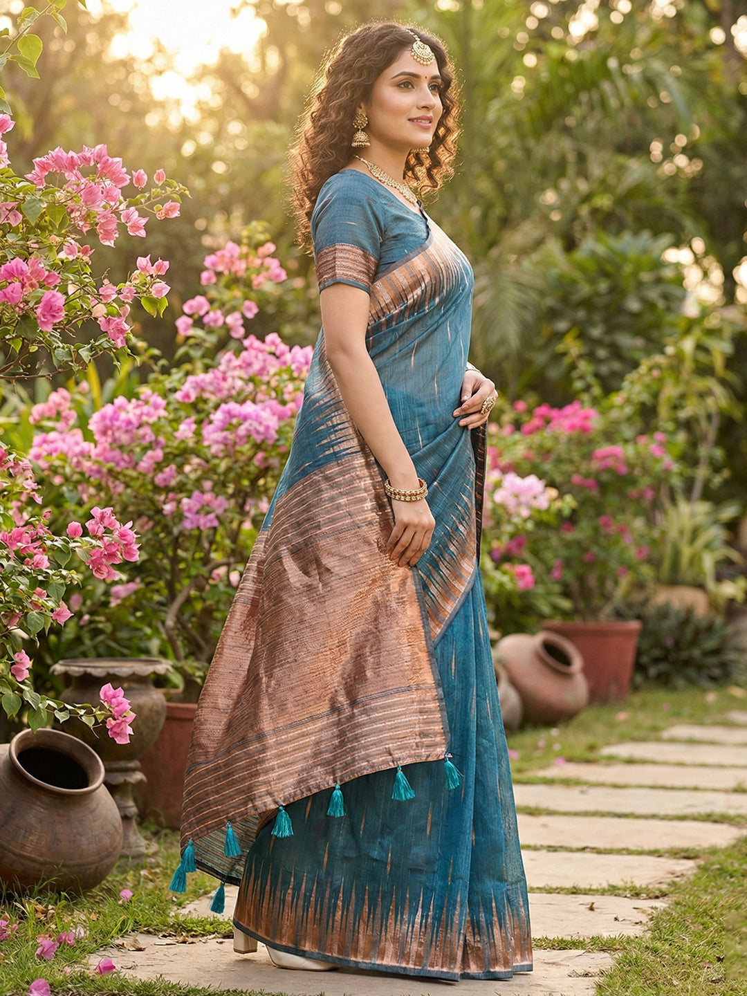 Anaita Blue Linen Woven Work Saree With Blouse | Grocsy