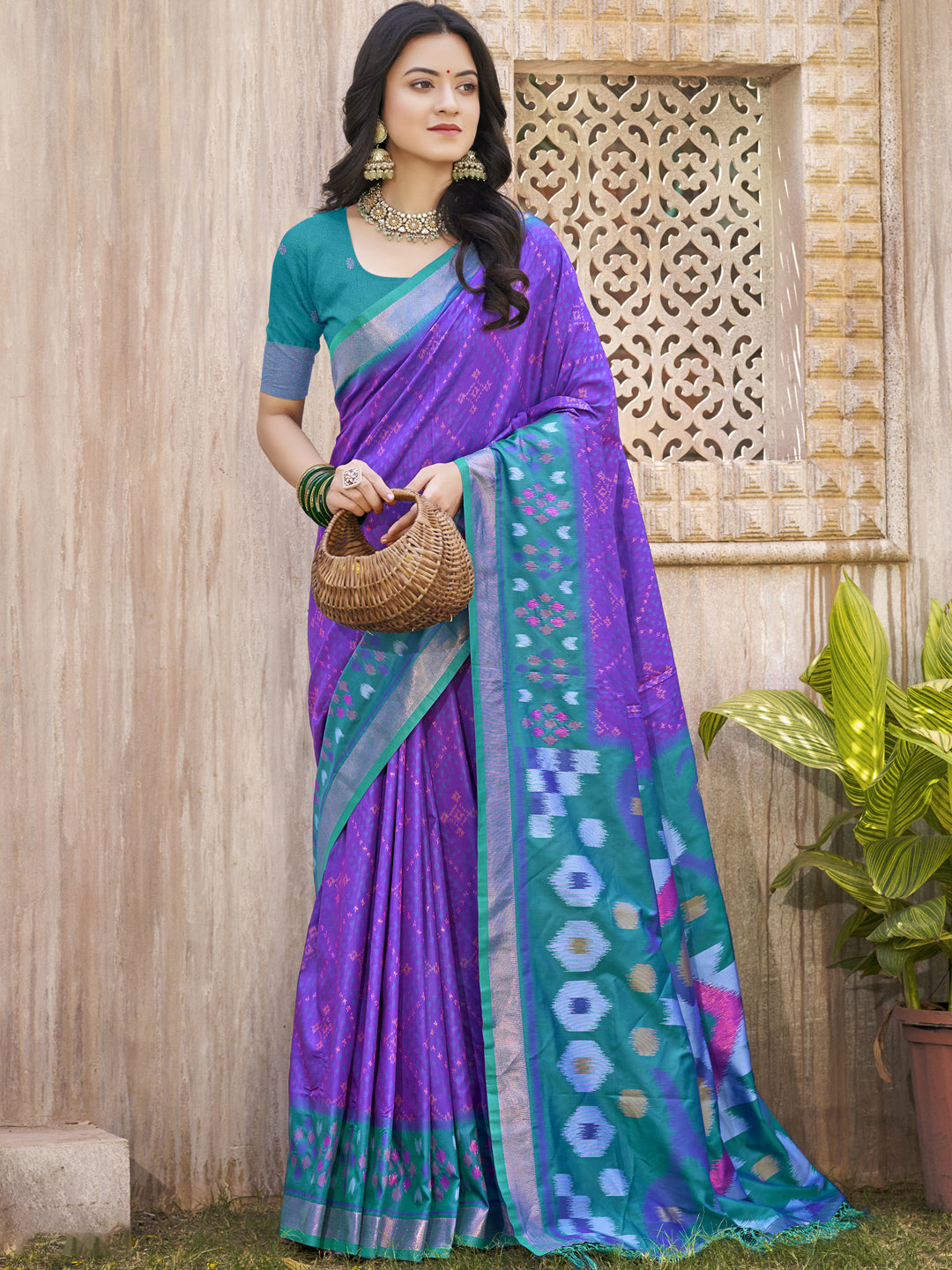 Anaita Blue Pochampally Silk Saree With Floral Printed Work With Blouse | Grocsy