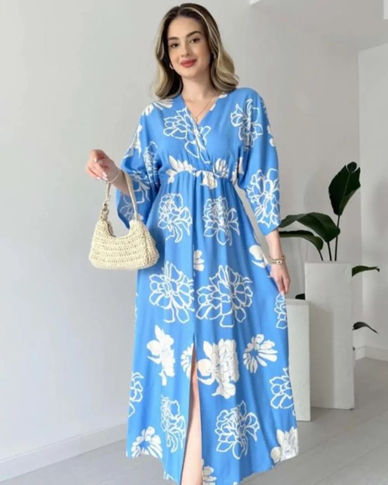 Pimu Front Slit Midi Dresses V-neck Designs For Women Party Wear - Blue | Grocsy