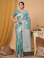 Anaita Blue Linen Woven Work Saree With Blouse | Grocsy