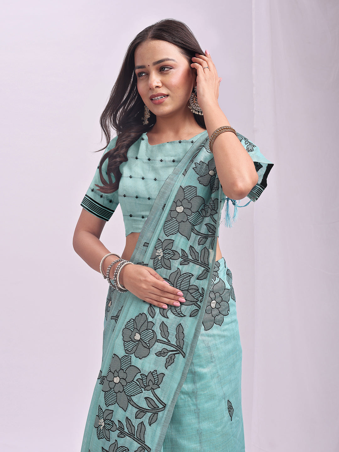 Anaita Blue Linen Printed Saree With Blouse | Grocsy
