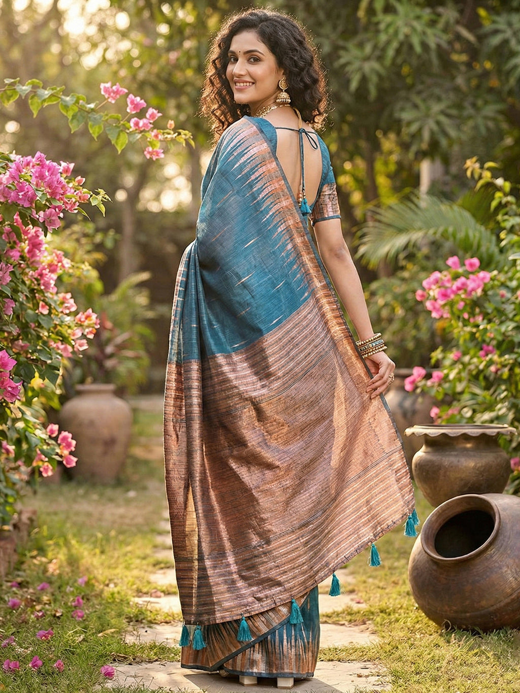 Anaita Blue Linen Woven Work Saree With Blouse | Grocsy