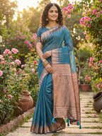 Anaita Blue Linen Woven Work Saree With Blouse | Grocsy