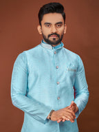 Anaita Blue Jacquard Silk Straight Kurta With Koti & Pajama | Grocsy