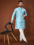 Anaita Blue Jacquard Silk Straight Kurta With Koti & Pajama | Grocsy