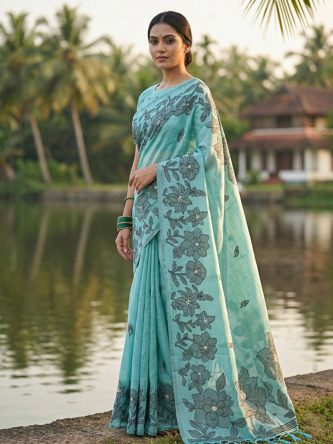 Anaita Blue Linen Printed Saree With Blouse | Grocsy