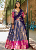 Lorenvalley Blue Kanjivaram Silk Zari Weaving Lehenga Choli with Dupatta | Grocsy