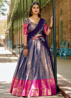 Lorenvalley Blue Kanjivaram Silk Zari Weaving Lehenga Choli with Dupatta | Grocsy