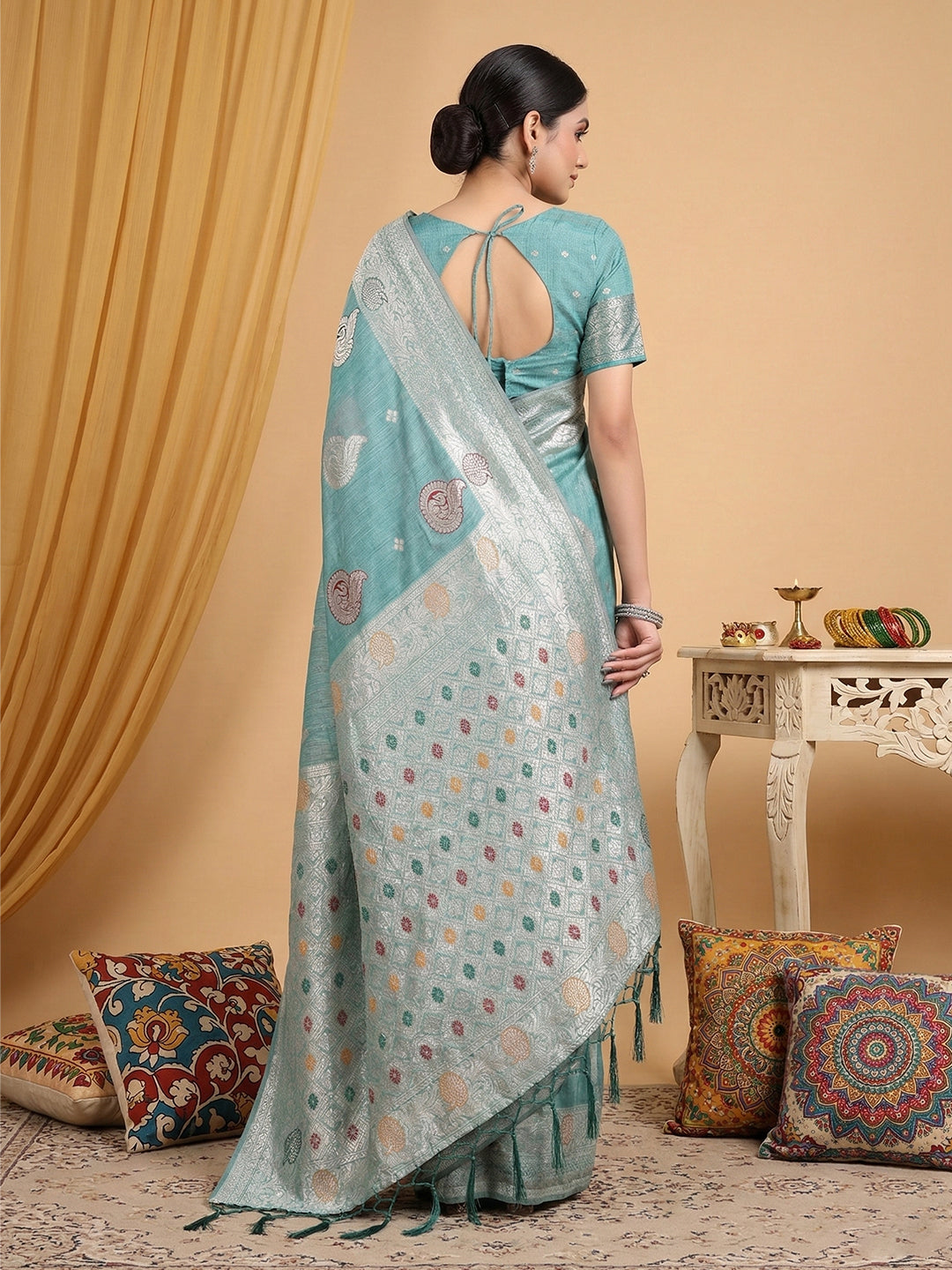 Anaita Blue Linen Woven Work Saree With Blouse | Grocsy