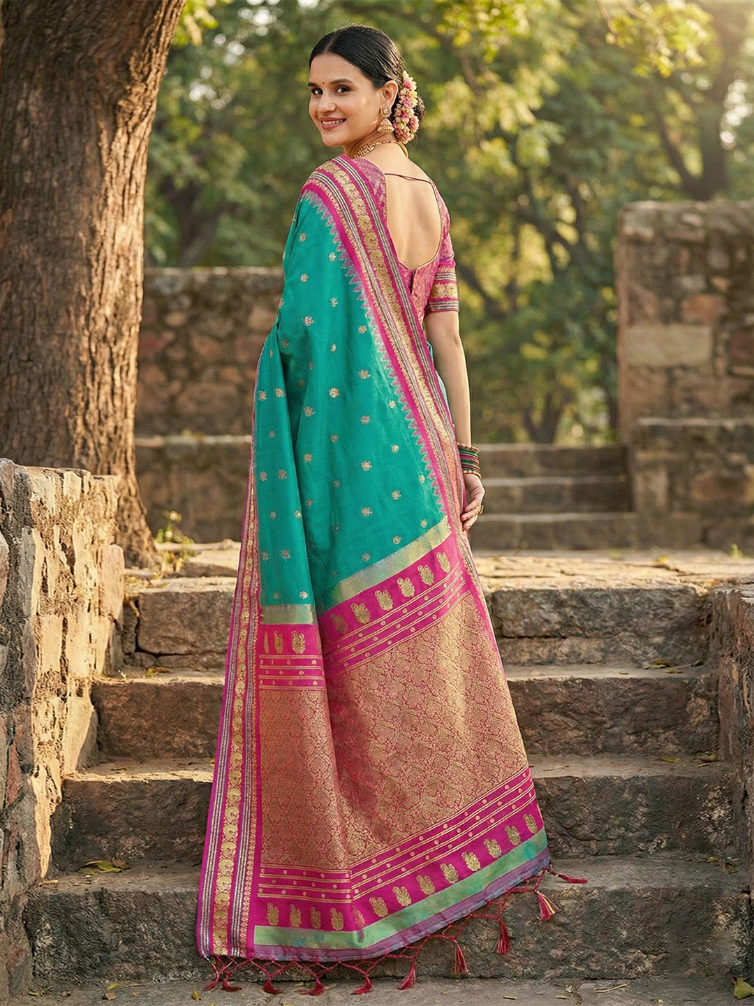 Anaita Blue Silk Woven Saree With Blouse | Grocsy