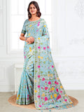 Anaita Blue Linen Printed Saree With Blouse | Grocsy