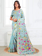 Anaita Blue Linen Printed Saree With Blouse | Grocsy