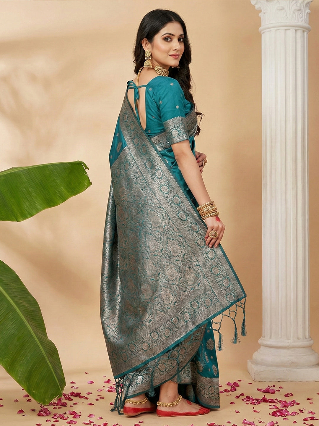 Anaita Blue Silk Blend Woven Saree With Blouse | Grocsy