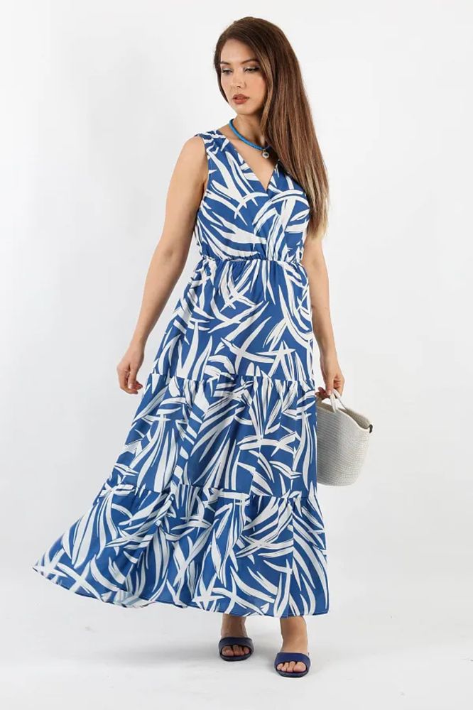 Pimu Viscose Patterned Summer Dress - Elastic Waist, V-Neck - Blue | Grocsy