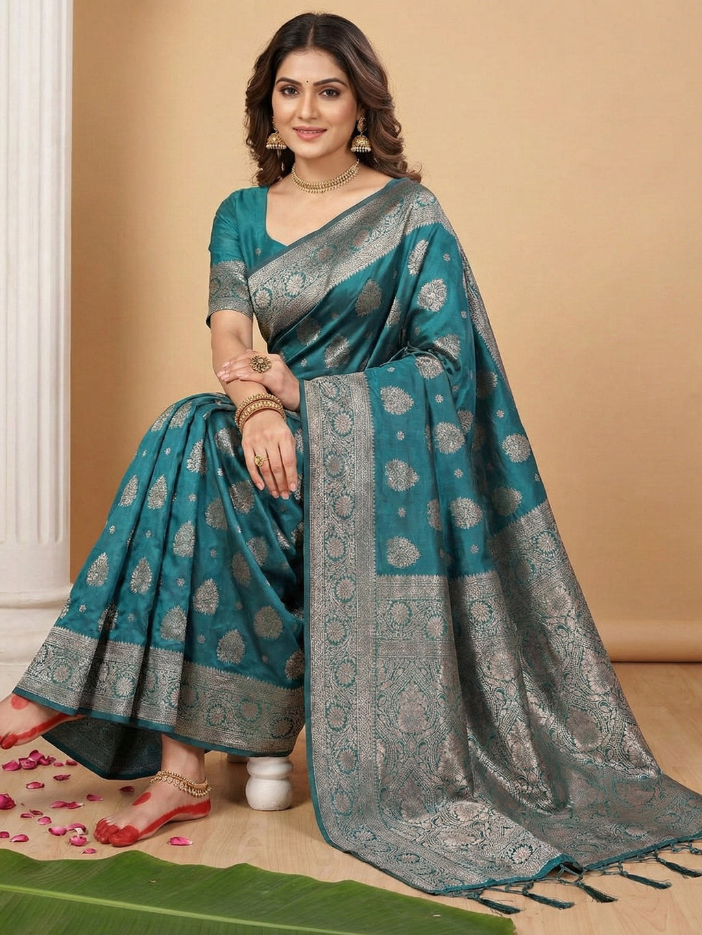 Anaita Blue Silk Blend Woven Saree With Blouse | Grocsy