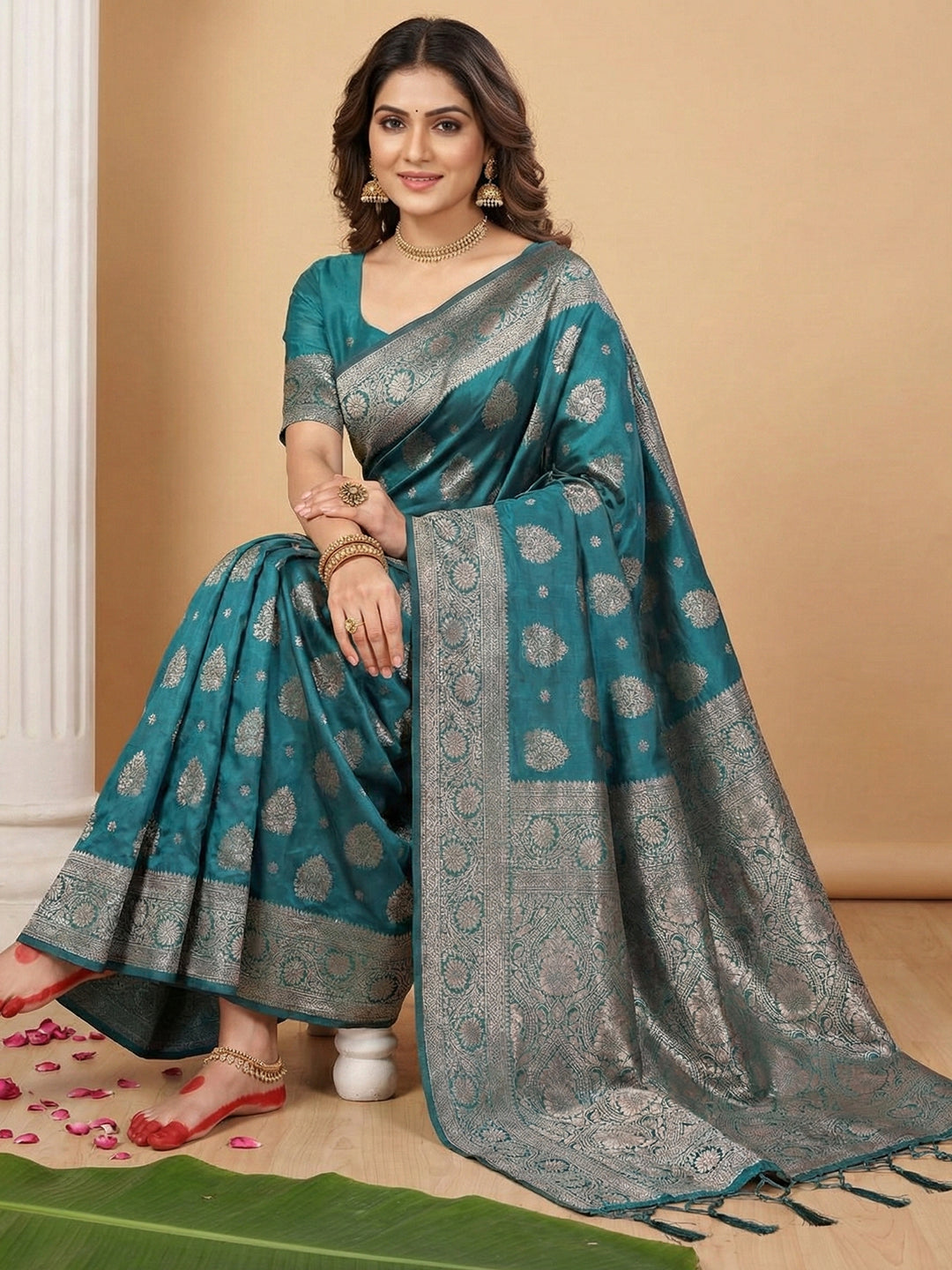 Anaita Blue Silk Blend Woven Saree With Blouse | Grocsy
