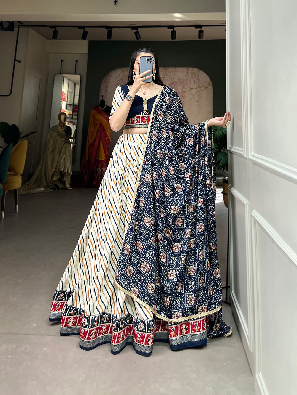 Lorenvalley White And Blue Pure Cotton Leheriya With Patola Print Lehenga Choli With Dupatta | Grocsy