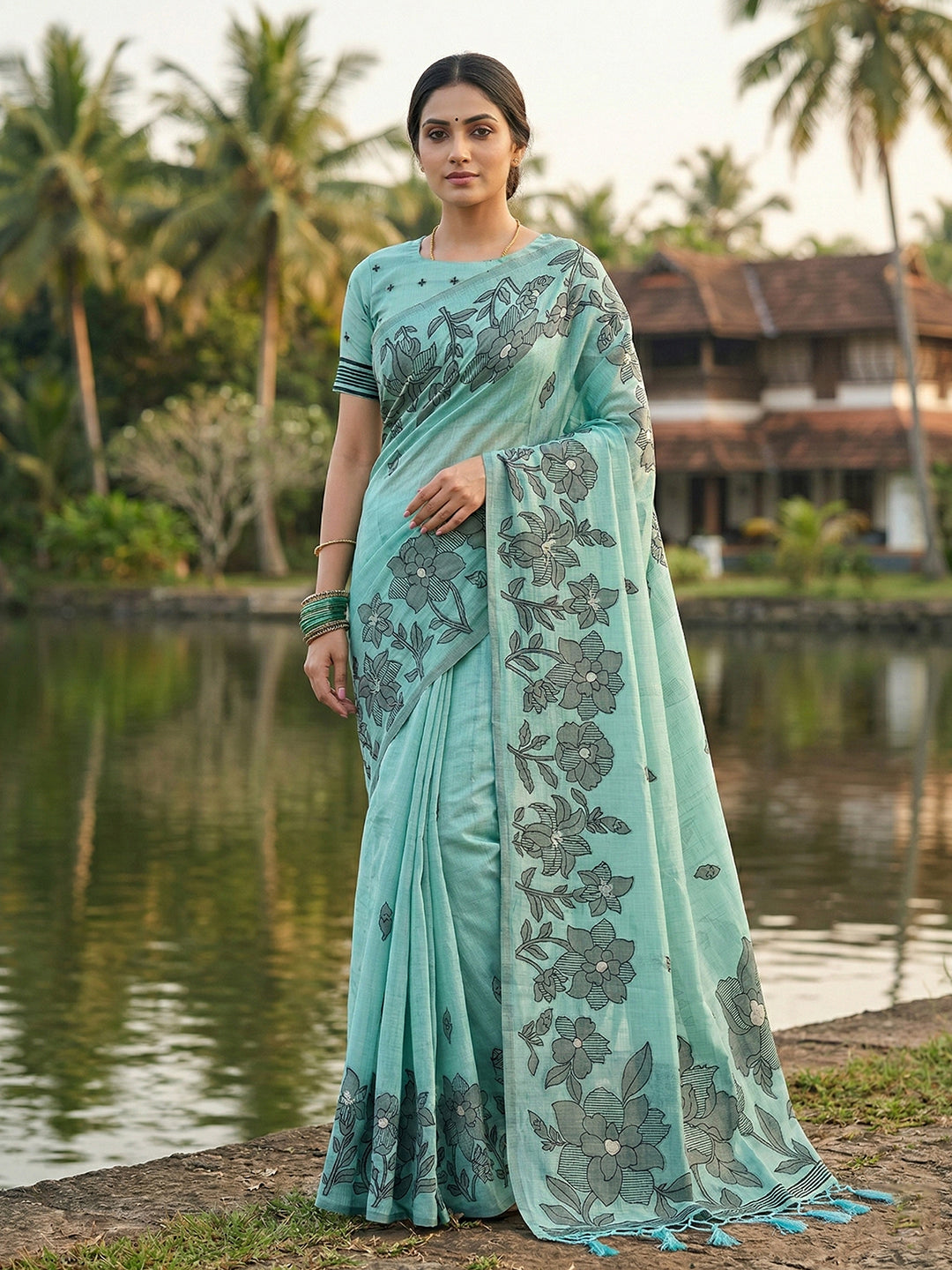 Anaita Blue Linen Printed Saree With Blouse | Grocsy