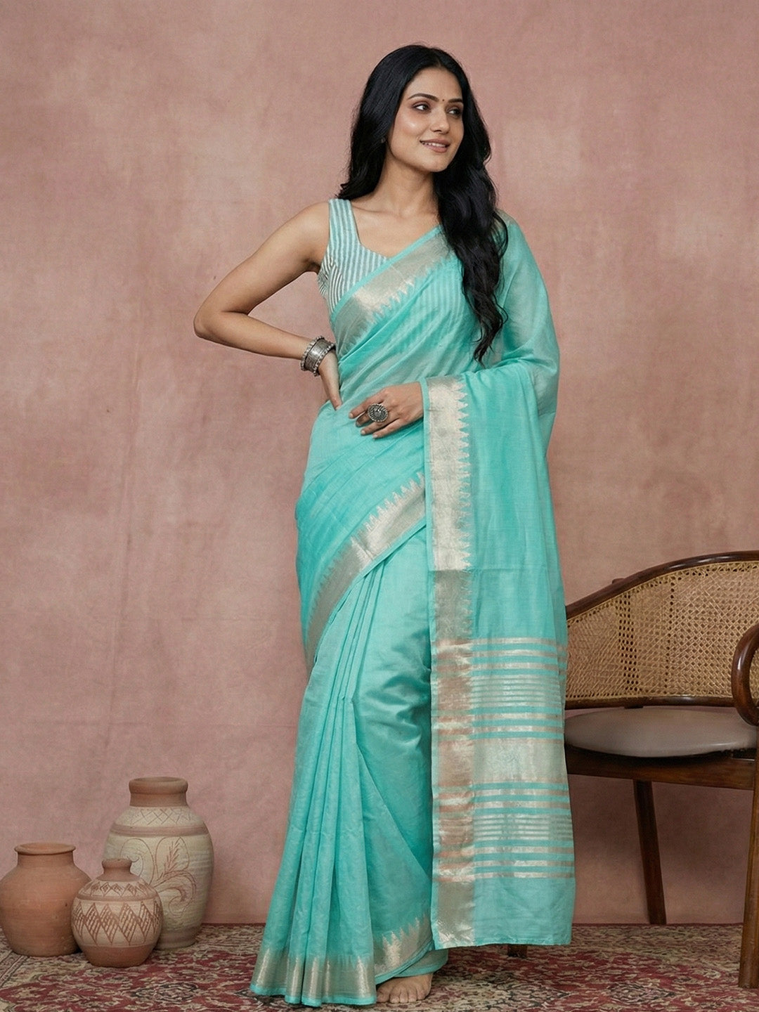 Anaita Blue Cotton Saree With Blouse | Grocsy