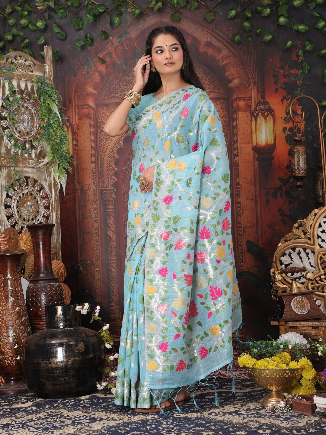 Anaita Blue Linen Printed Saree With Blouse | Grocsy