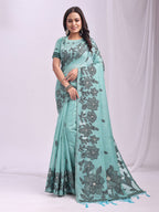 Anaita Blue Linen Printed Saree With Blouse | Grocsy