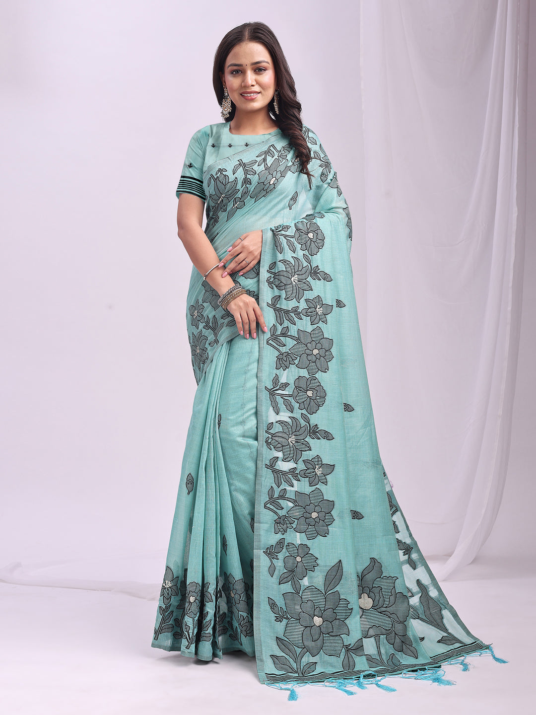 Anaita Blue Linen Printed Saree With Blouse | Grocsy
