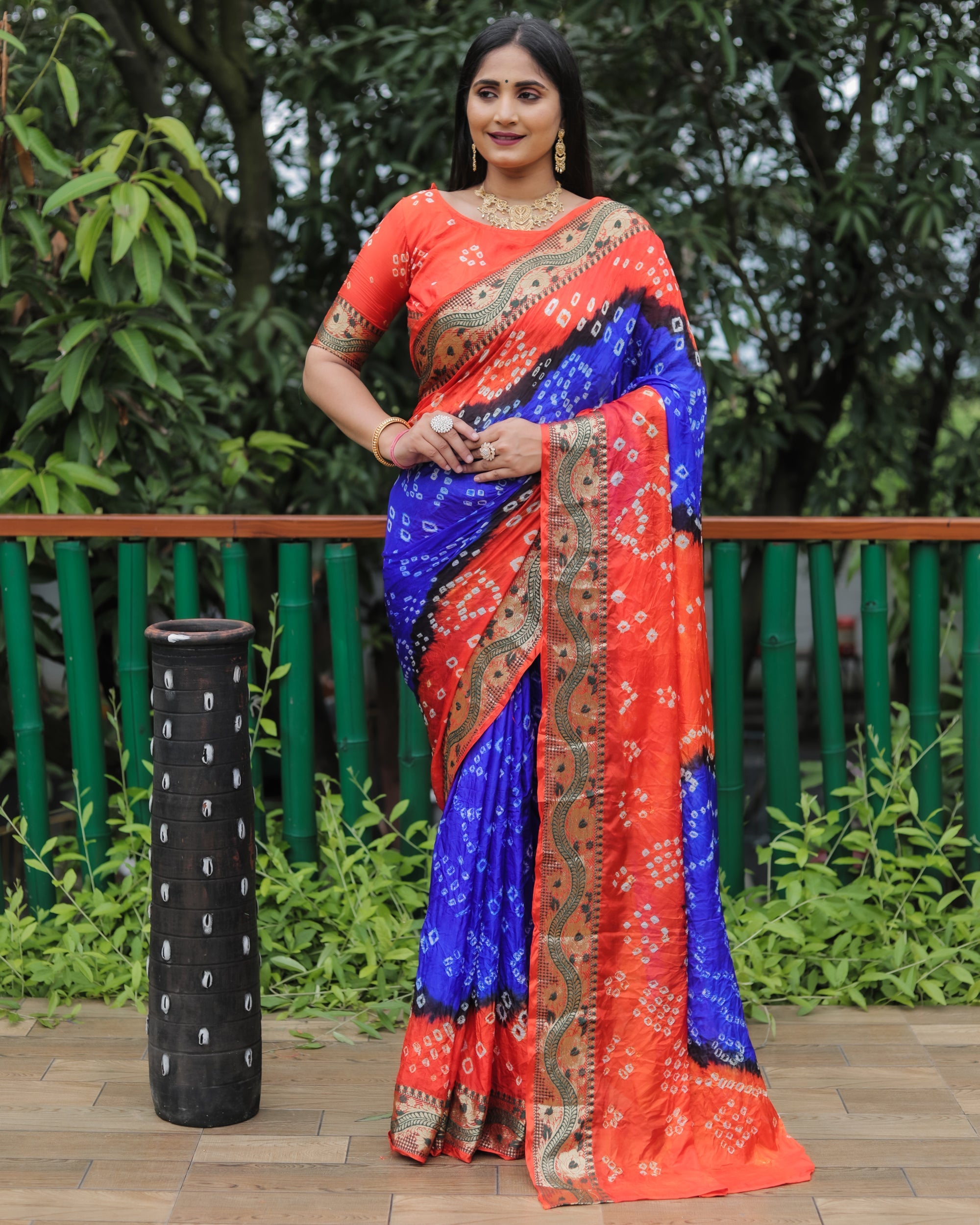 Lorenvalley Premium Pure Bandhej Tapeta Soft light weight silk saree with zari weaving Border - Multicolor | Grocsy