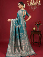 Anaita Blue Silk Blend Woven Saree With Blouse | Grocsy