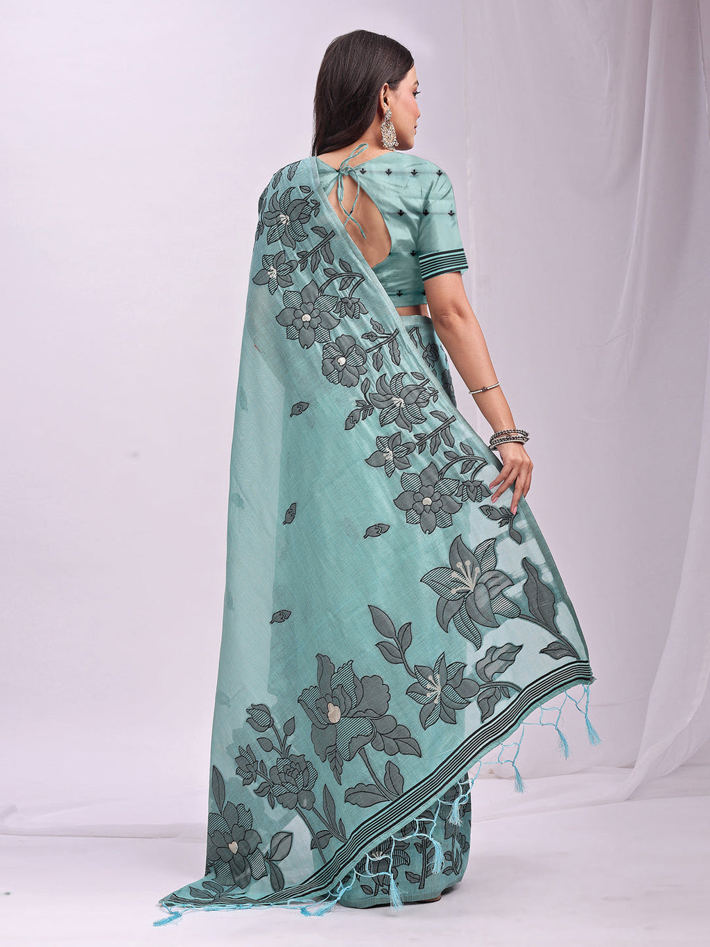 Anaita Blue Linen Printed Saree With Blouse | Grocsy