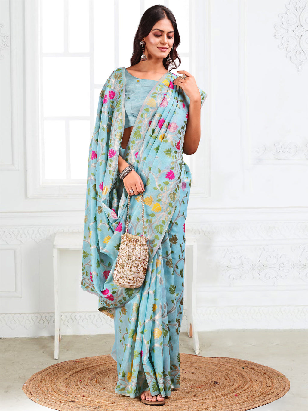 Anaita Blue Linen Printed Saree With Blouse | Grocsy